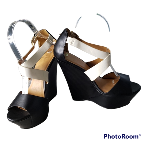 Beau & Ashe Bold High Wedge Leather Colorblock Strappy Minimalist Sandals 8.5 - Picture 10 of 14